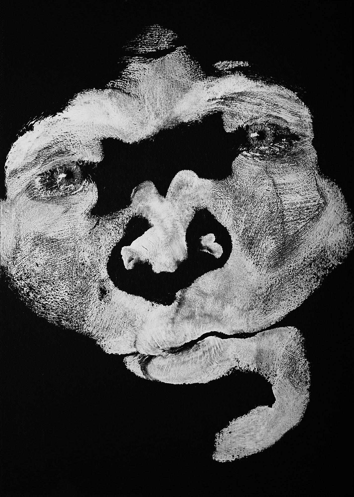 unique imprint of a face suggesting some emotion, in white color on black cardboard, with eyes drawn in white pastel