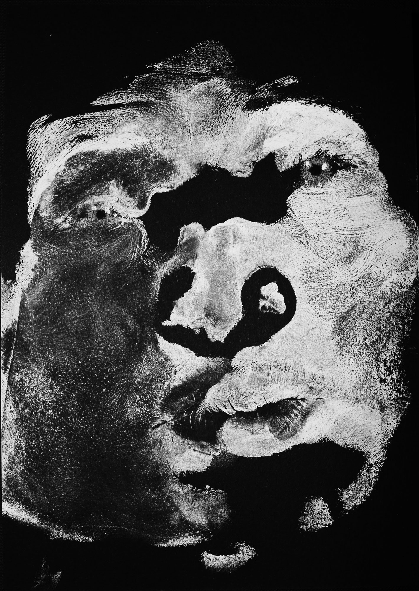 unique imprint of a face suggesting some emotion, in white color on black cardboard, with eyes drawn in white pastel
